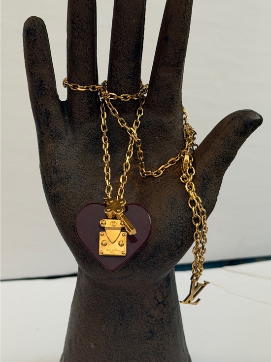 Louis Vuitton Jewelry - Louis Vuitton Gold Chain Necklace with Burgundy Heart Padlock